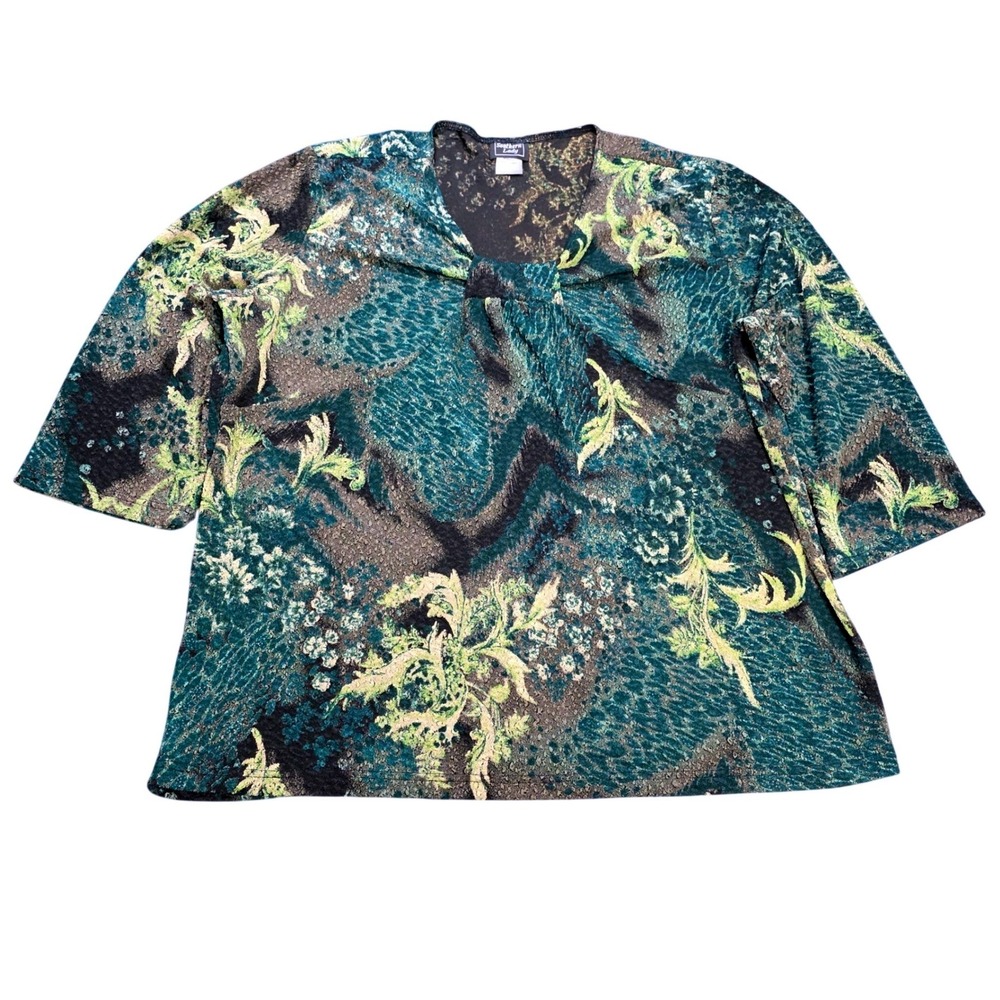 Vintage Southern Lady Floral 3/4 Sleeve Blouse Women's Size 2X Green Abstract